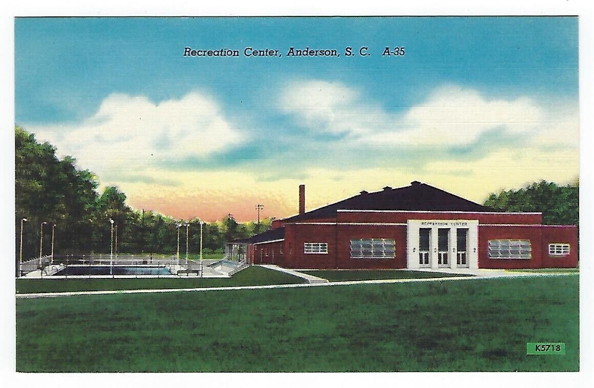 Vtg. Linen Postcard, Recreation Center, Anderson, South Carolina, Unposted
