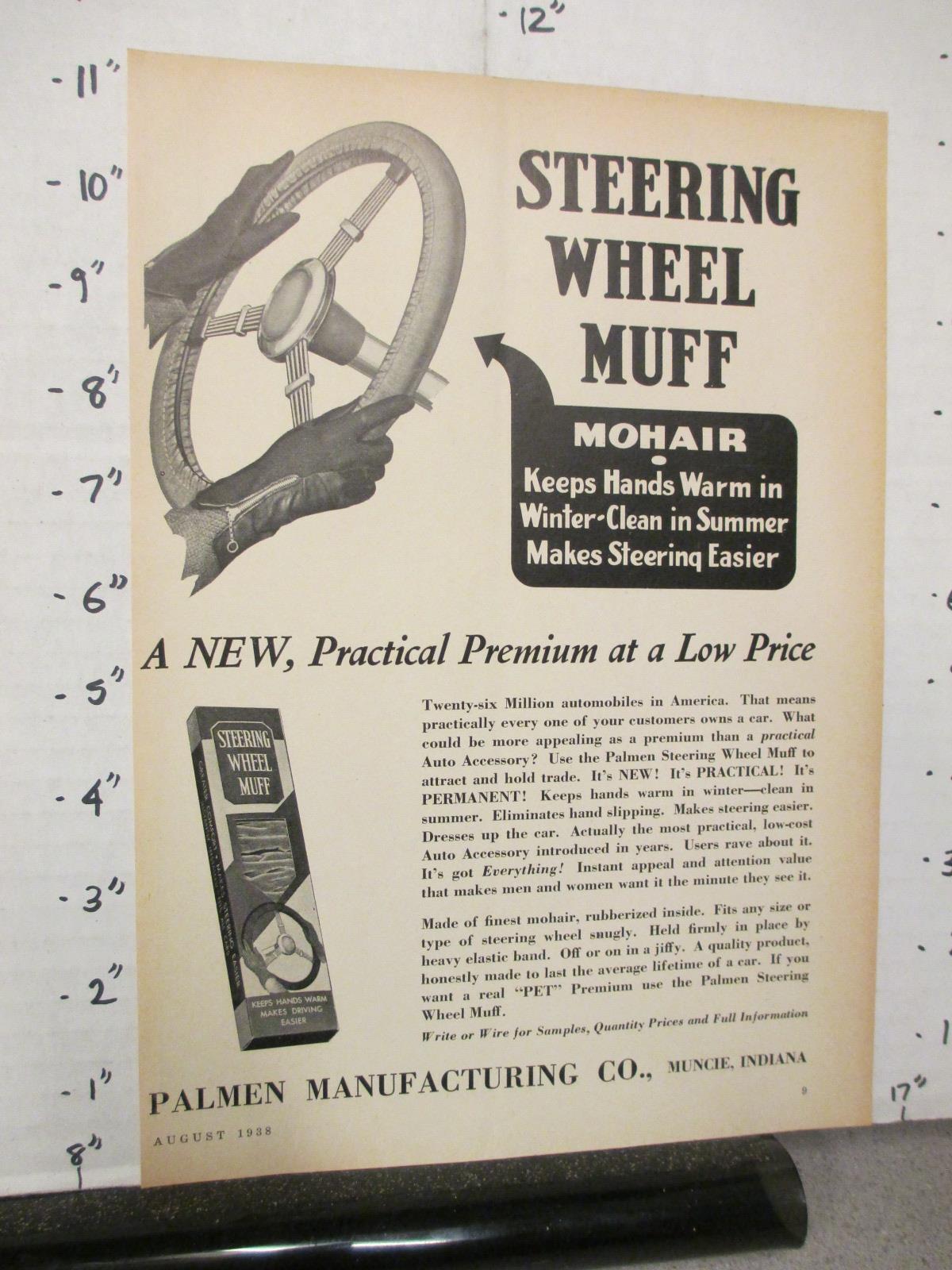 trade magazine premium ad 1938 PALMEN Muncie IN car steering wheel muff mohair