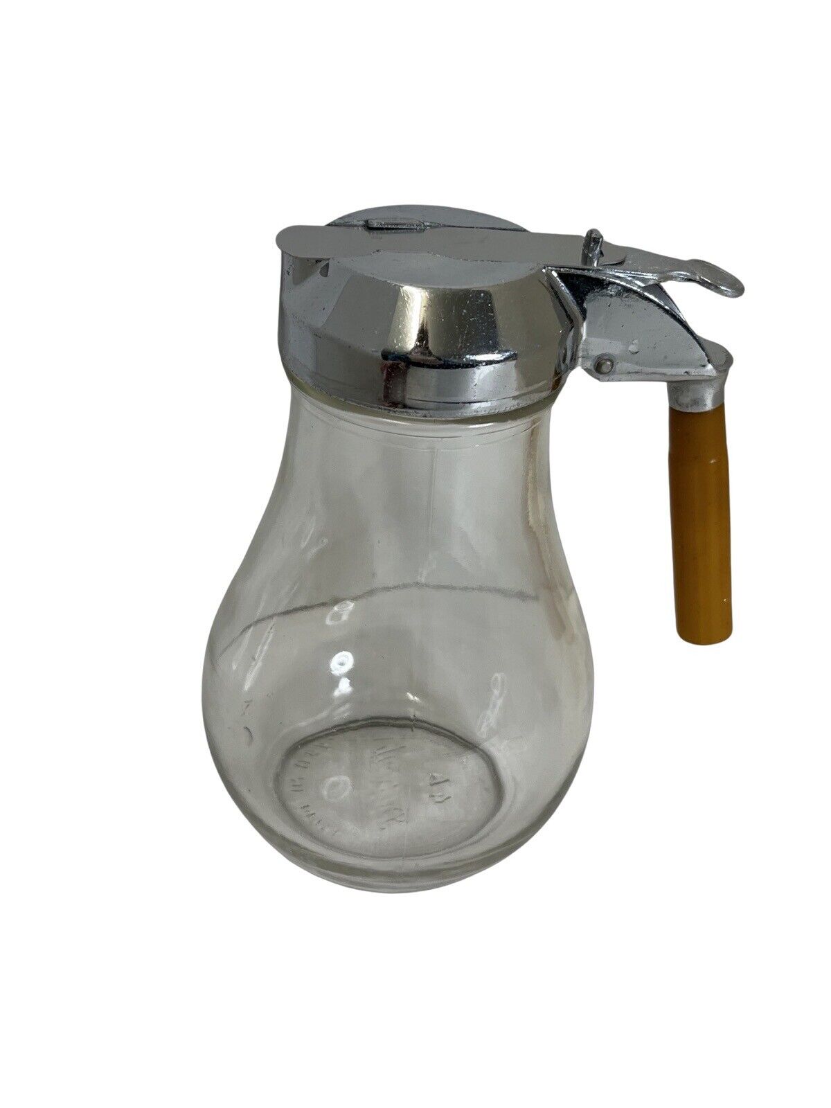 Dripcut Syrup Dispenser Lt Brown Bakelite Handle 13oz. Glass Potbelly Jar A4 VTG