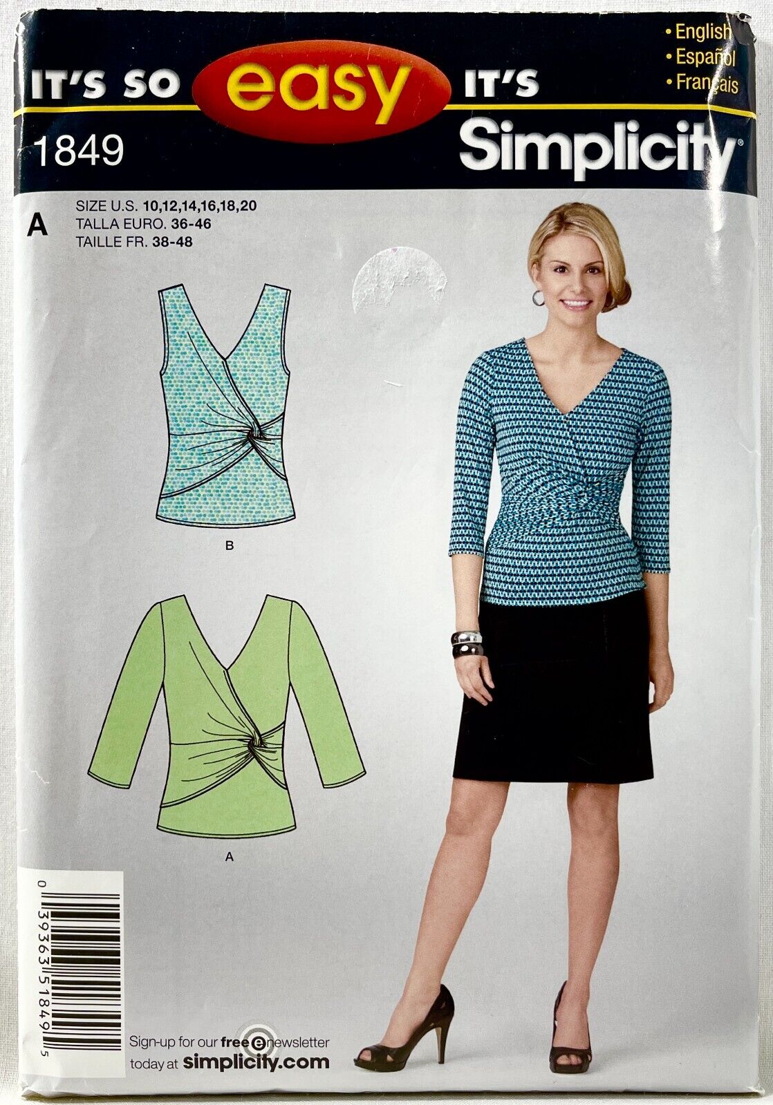 2012 Simplicity Sewing Pattern 1849 Womens Knit Tops 2 Sleeves Size 10-20 13646