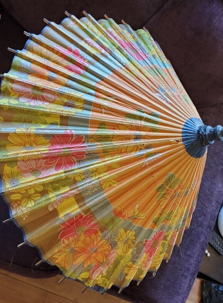 Vintage Japanese Flower Paper Umbrella 28”