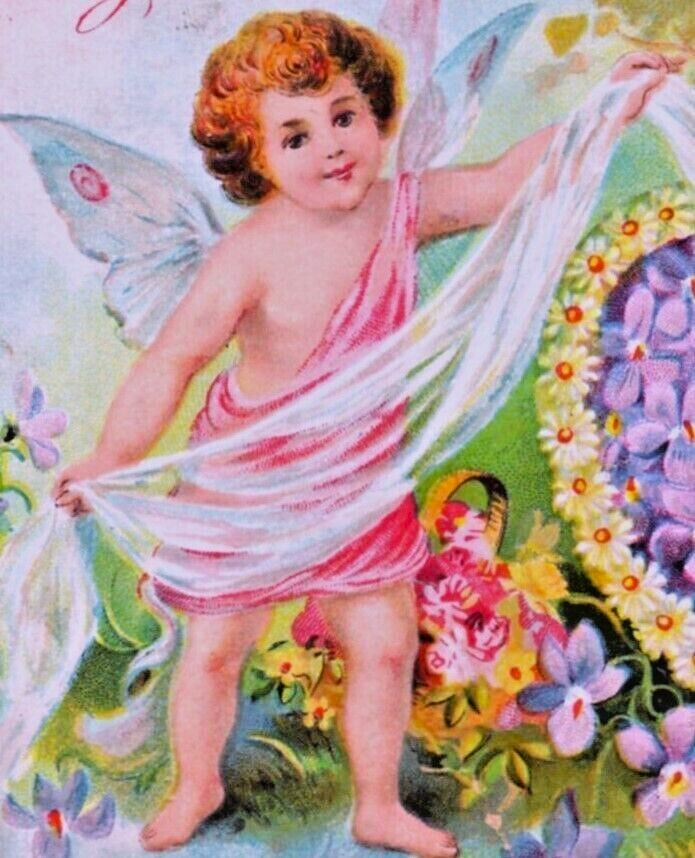 Antique Postcard~Valentine's Day~CUPID w/ BUTTERFLY WINGS~ Gossamer Sash~GERMANY