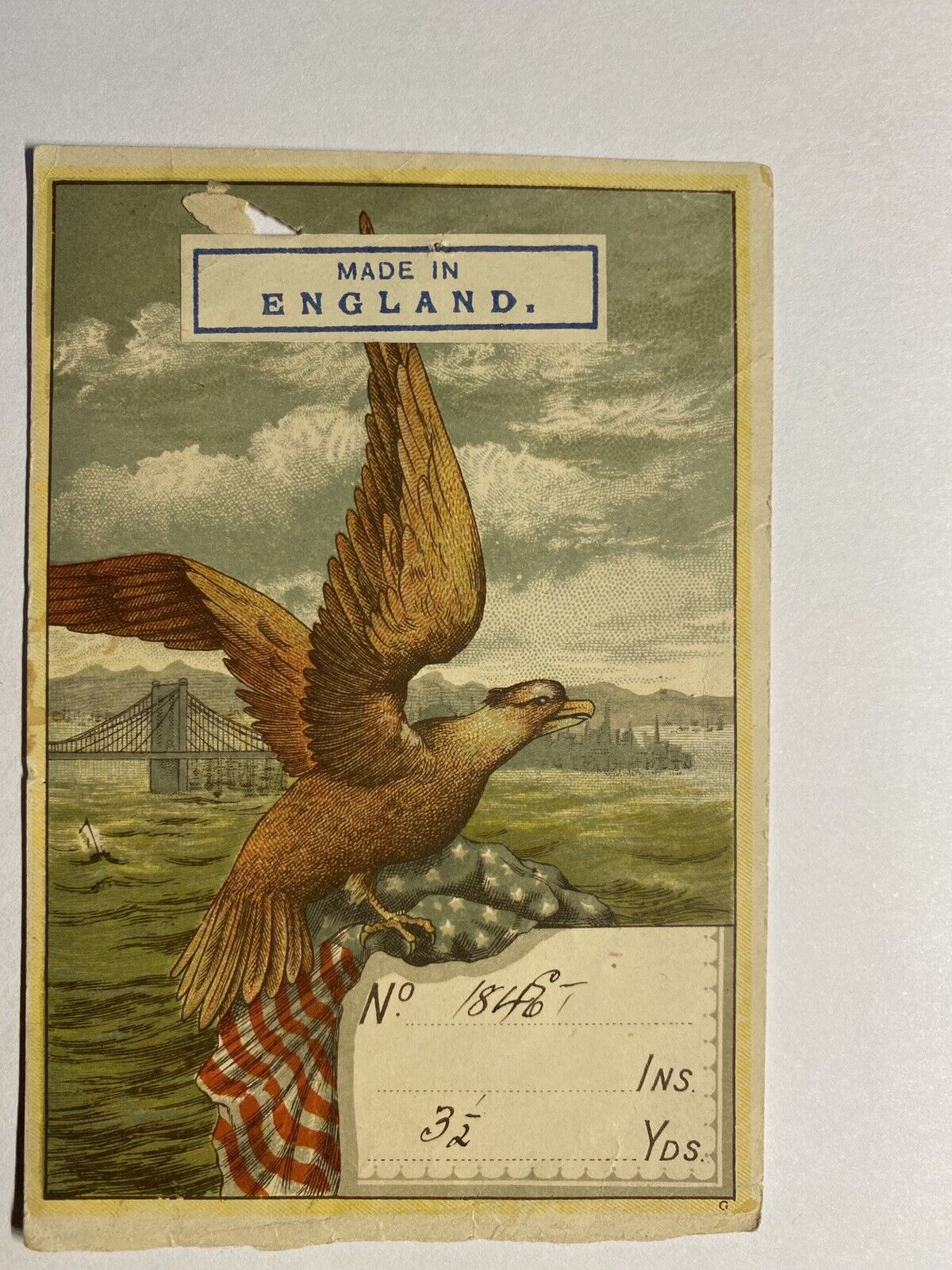Vtg 1890’s Paper Litho Label Golden Eagle  Flag Made England Fabric Victorian