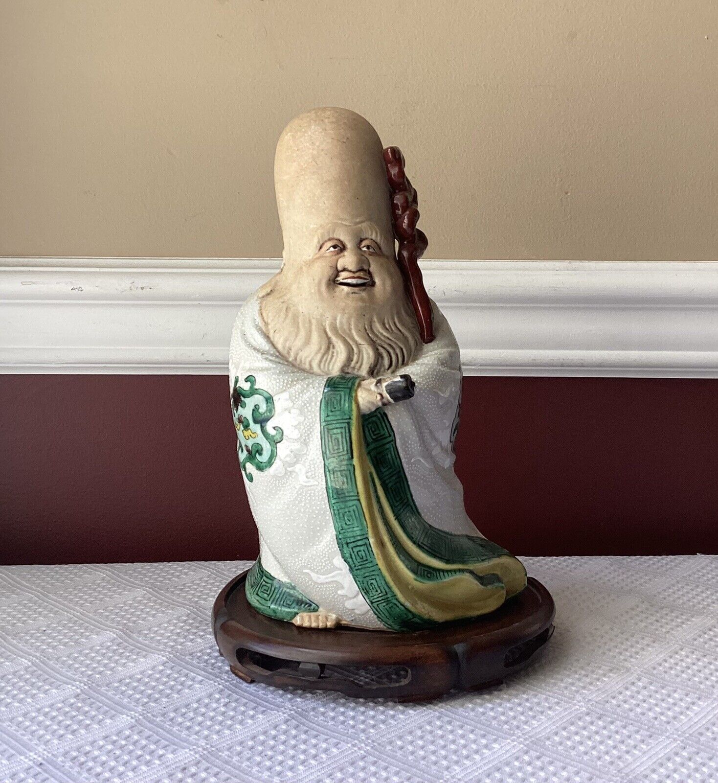 Antique Meiji Japanese God Of Wealth, Happiness & Longevity Statue With Base