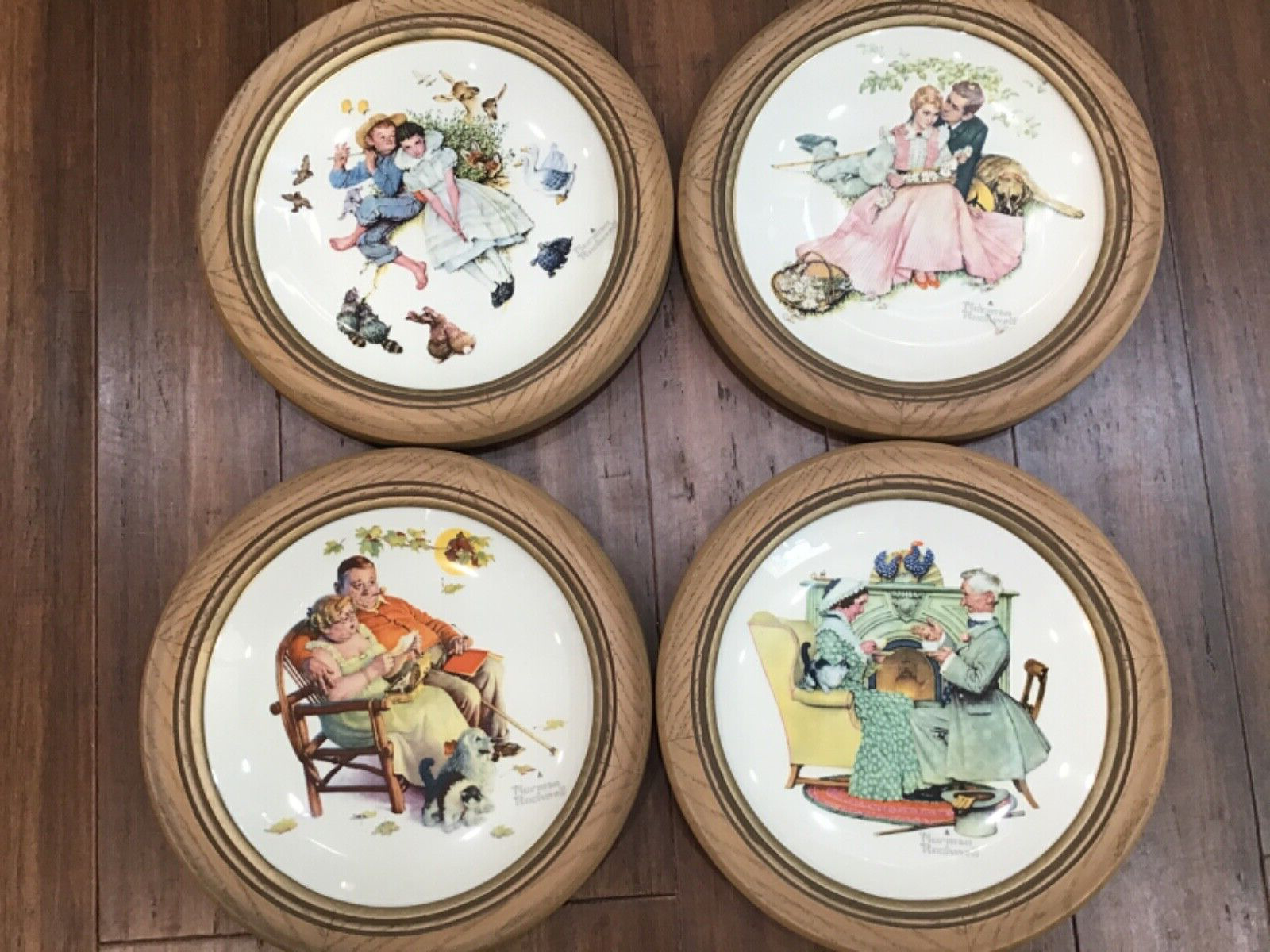 Vintage Norman Rockwell Four Seasons 1973 Series Plates w/Wood Frames Excel Cond