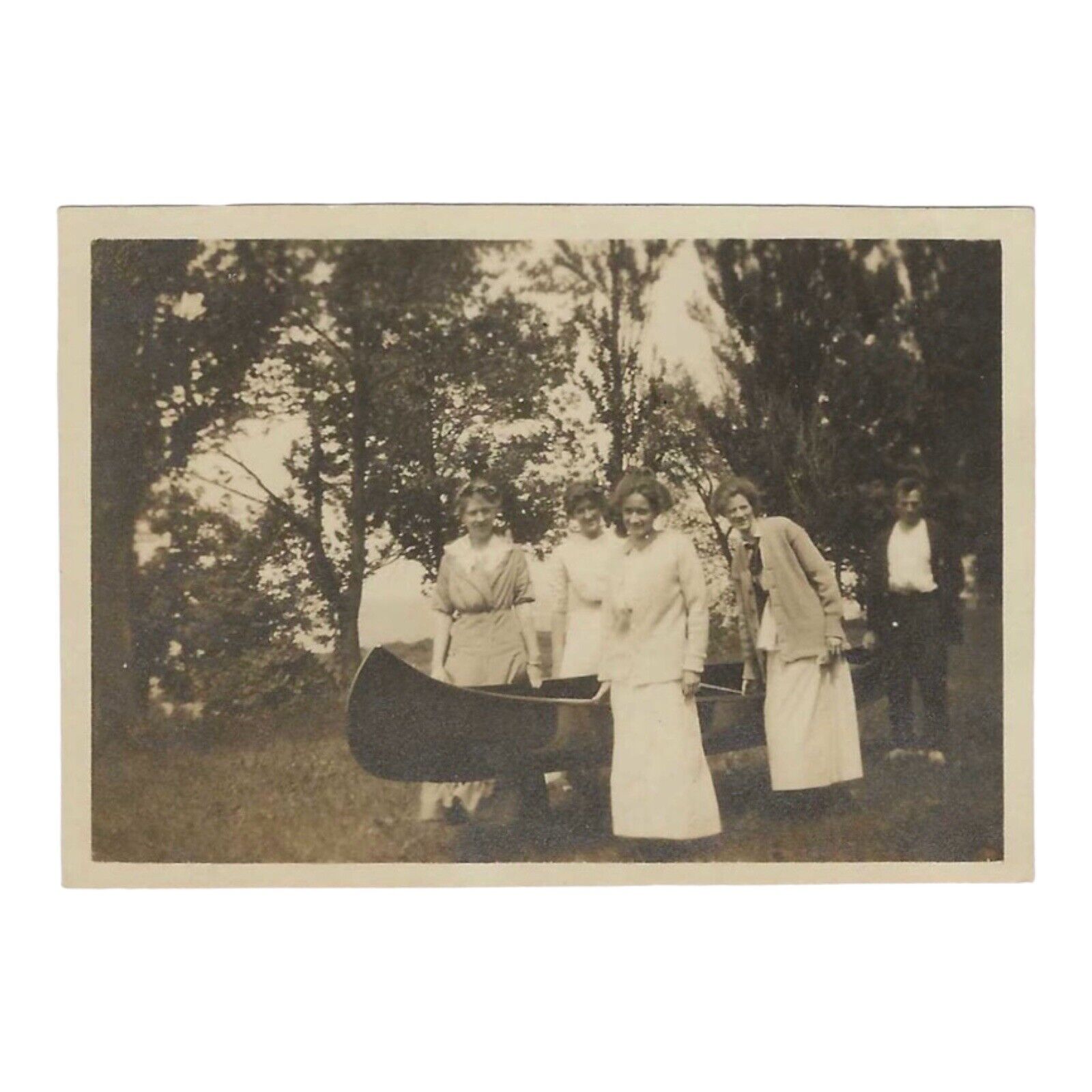 Antique Snapshot Photo Group Of Women Carrying A Canoe 1910s Photograph