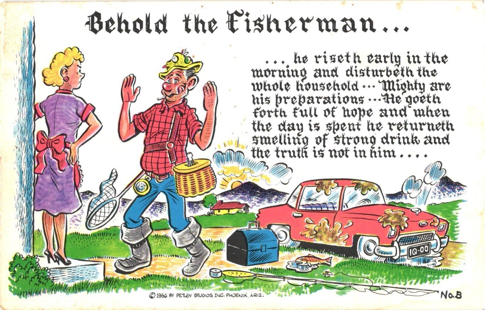 Behold The Fisherman Drunk Fisherman and Angry Wife Comic Postcard