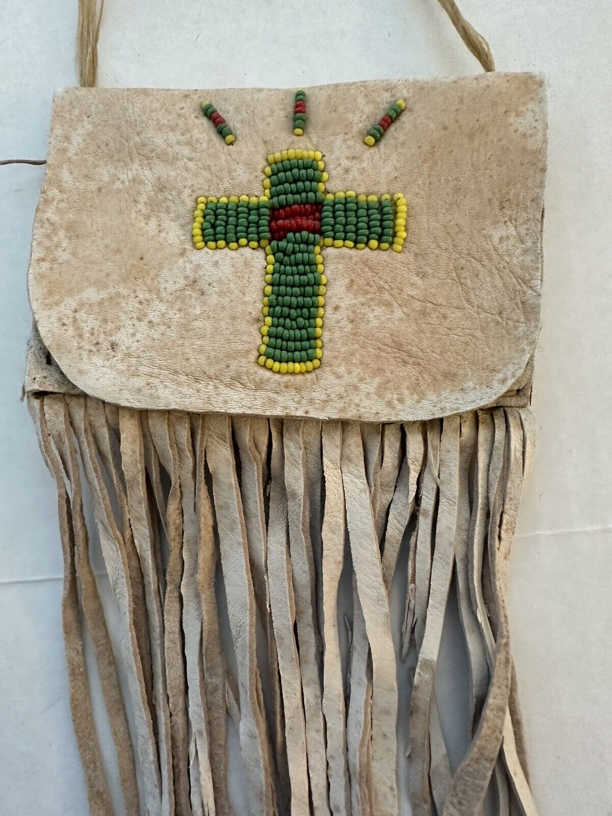 Vintage Native American Leather Beaded Cross Tobacco Pouch Purse Fringe Tribal