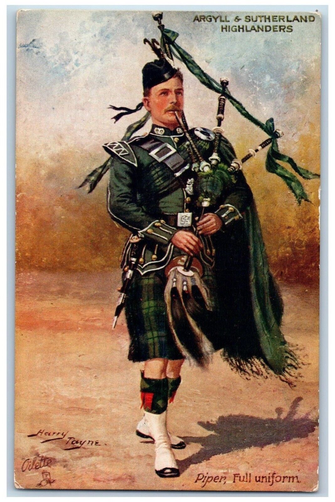 Harry Payne Signed Postcard Scotland Kilt Bagpipes Piper Full Uniform Oilette