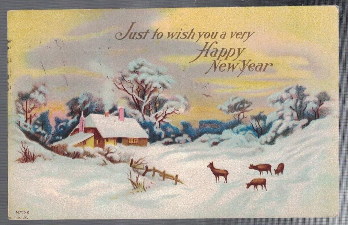 ANTIQUE 1914 TO WISH YOU A HAPPY NEW YEAR DEER COTTAGE SNOWY SCENE POSTCARD