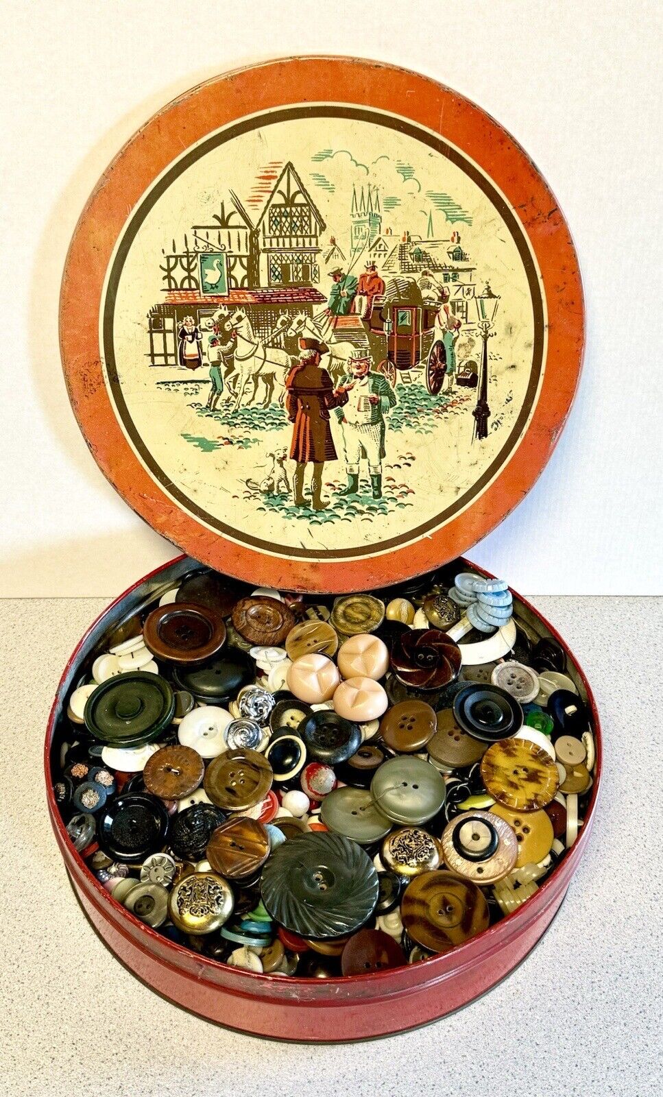 4 Pounds VTG SEWING BUTTONS in Dickens Style Horse Buggy Fruitcake Tin