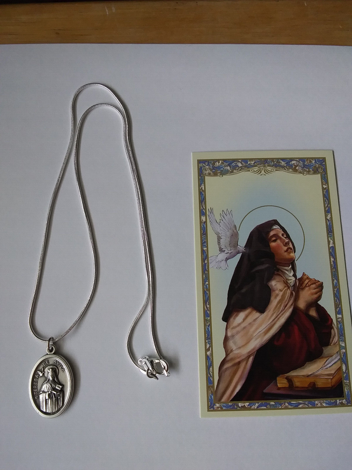 Silver St Teresa of Avila Medal Italy 925 sterling chain necklace + Prayer Card