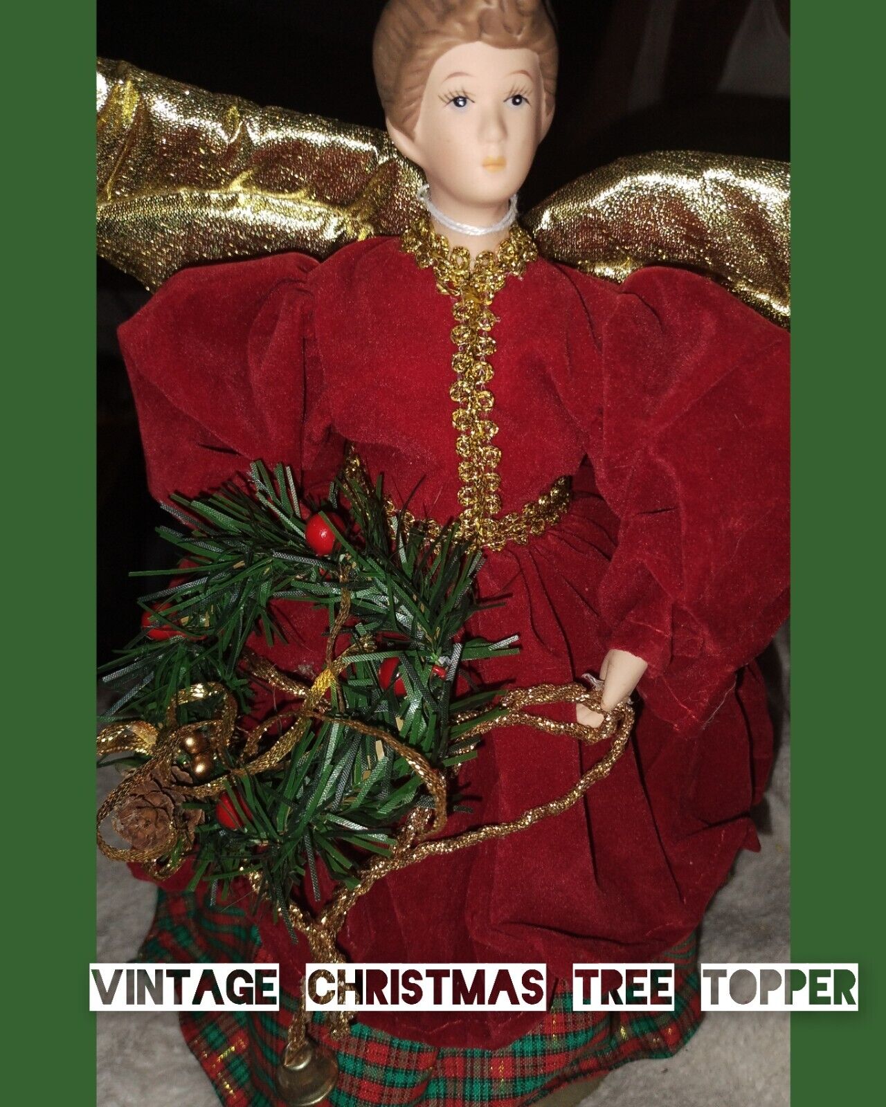 Vintage Porcelain Angel Christmas Tree Topper Red Velvet Gown Gold Halo Wings