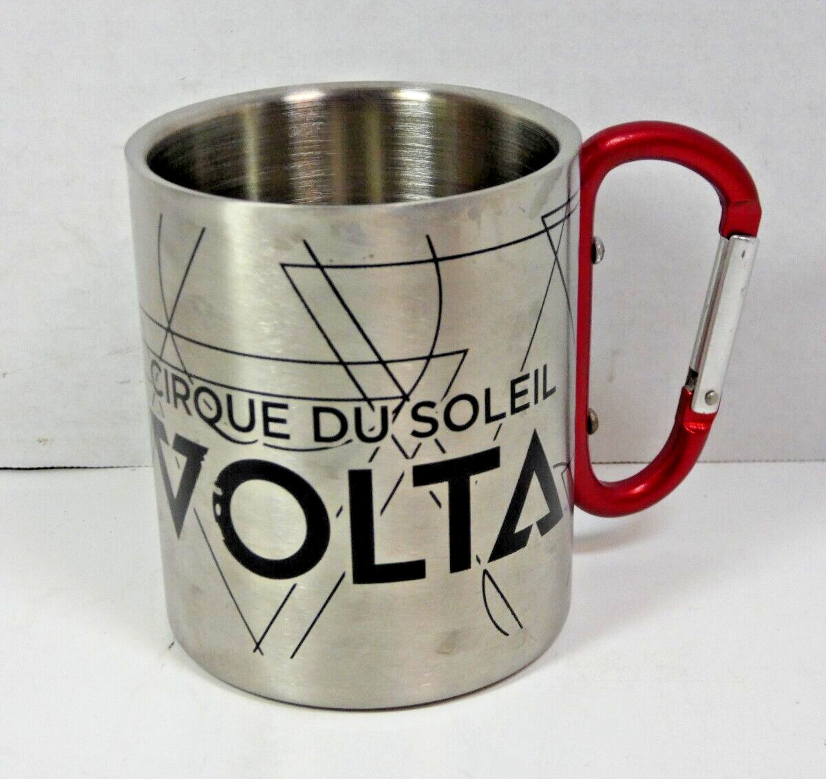 Vintage CIRQUE du SOLEIL-VOLTA Stainless Coffee Mug Cup Carabiner Clip Handle A+