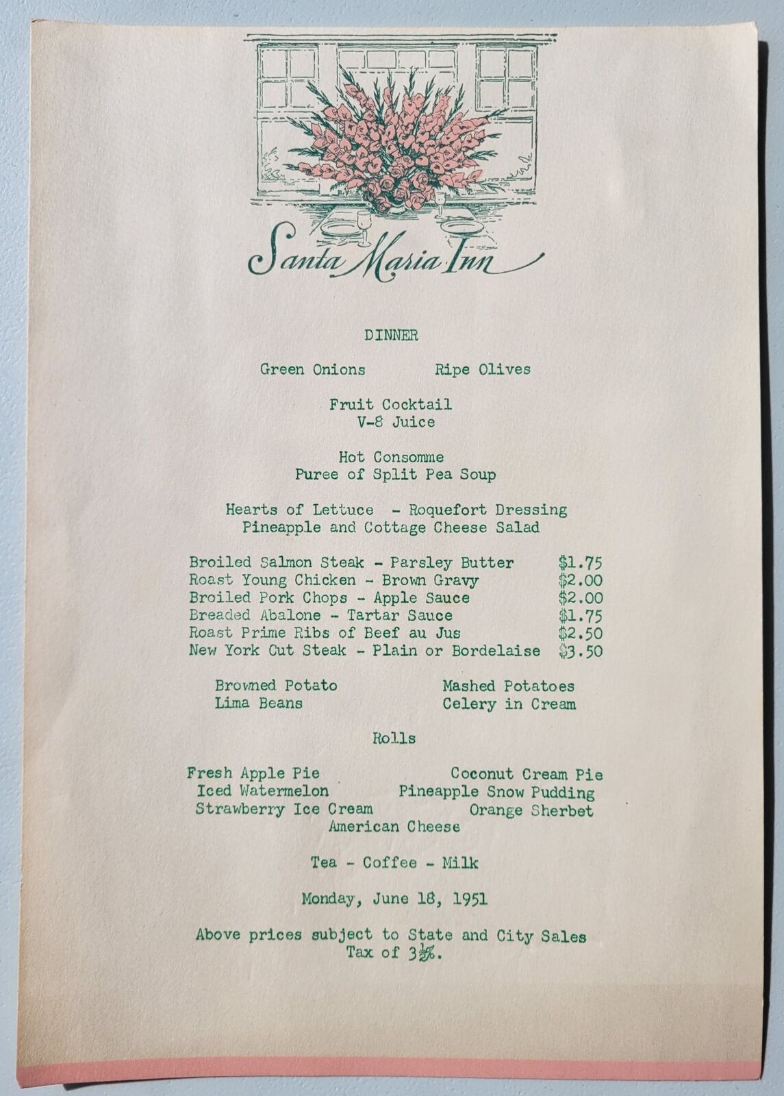 June 18, 1951, Santa Maria Inn, California, Menu Vintage, original