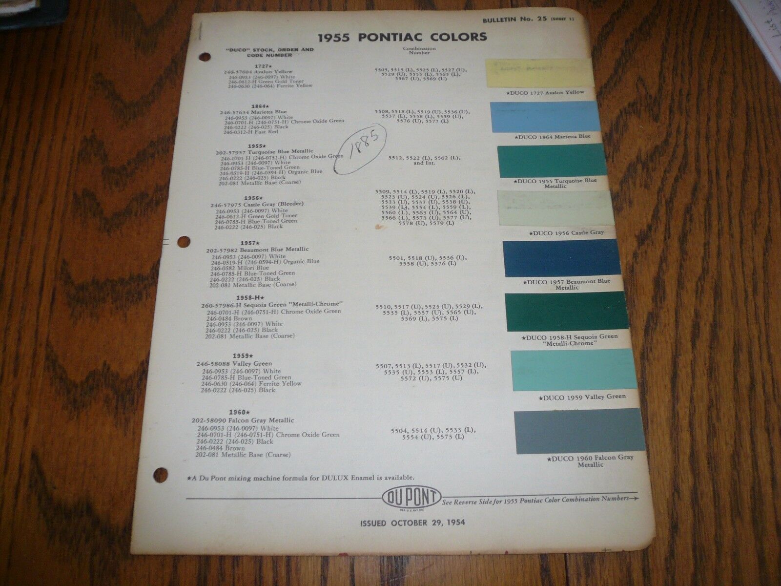 1955 Pontiac DuPont Delux Color Chip Paint Sample 