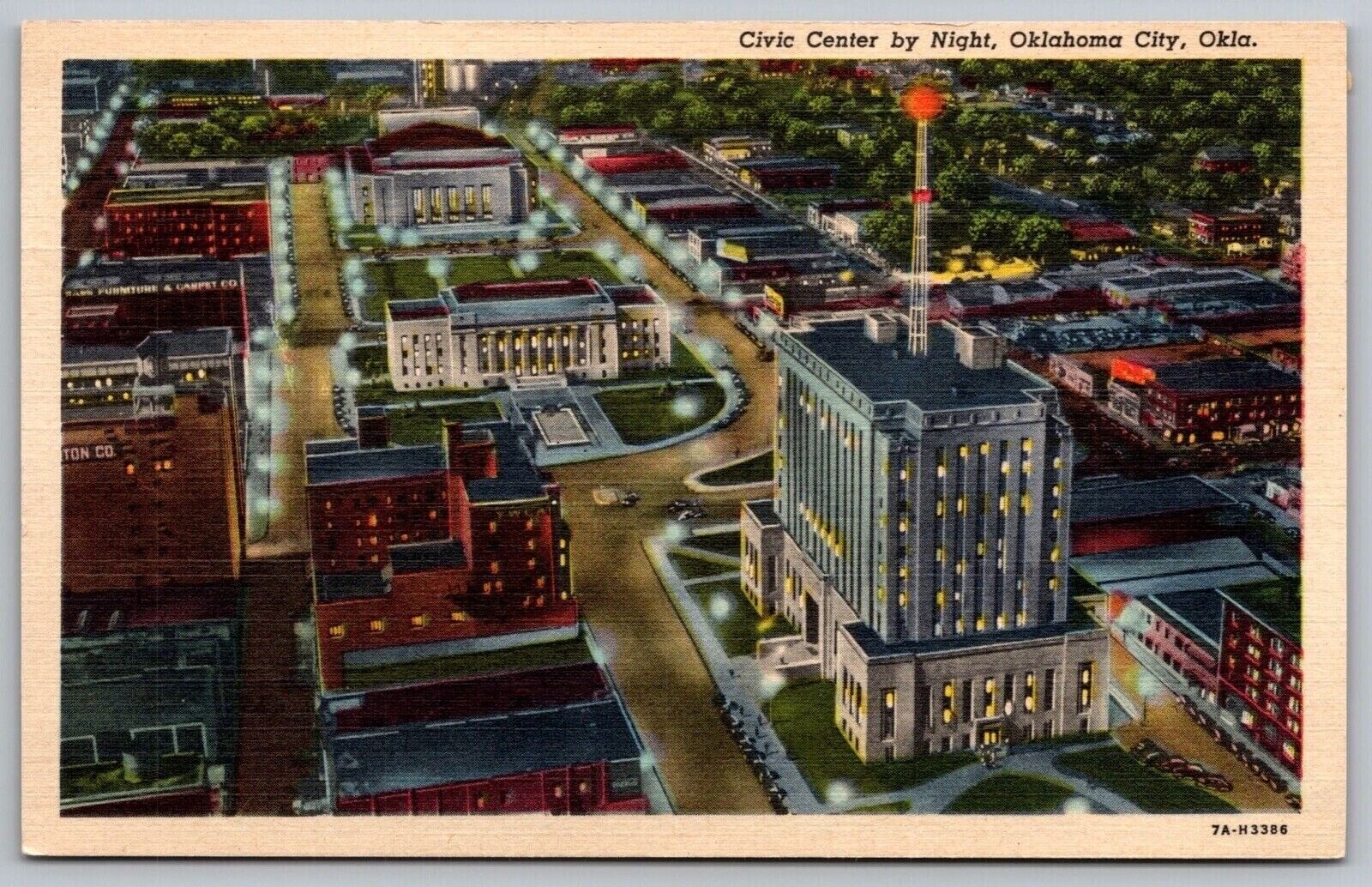 Civic Center Night Oklahoma City OK Aerial View Linen CT Art Colortone Postcard