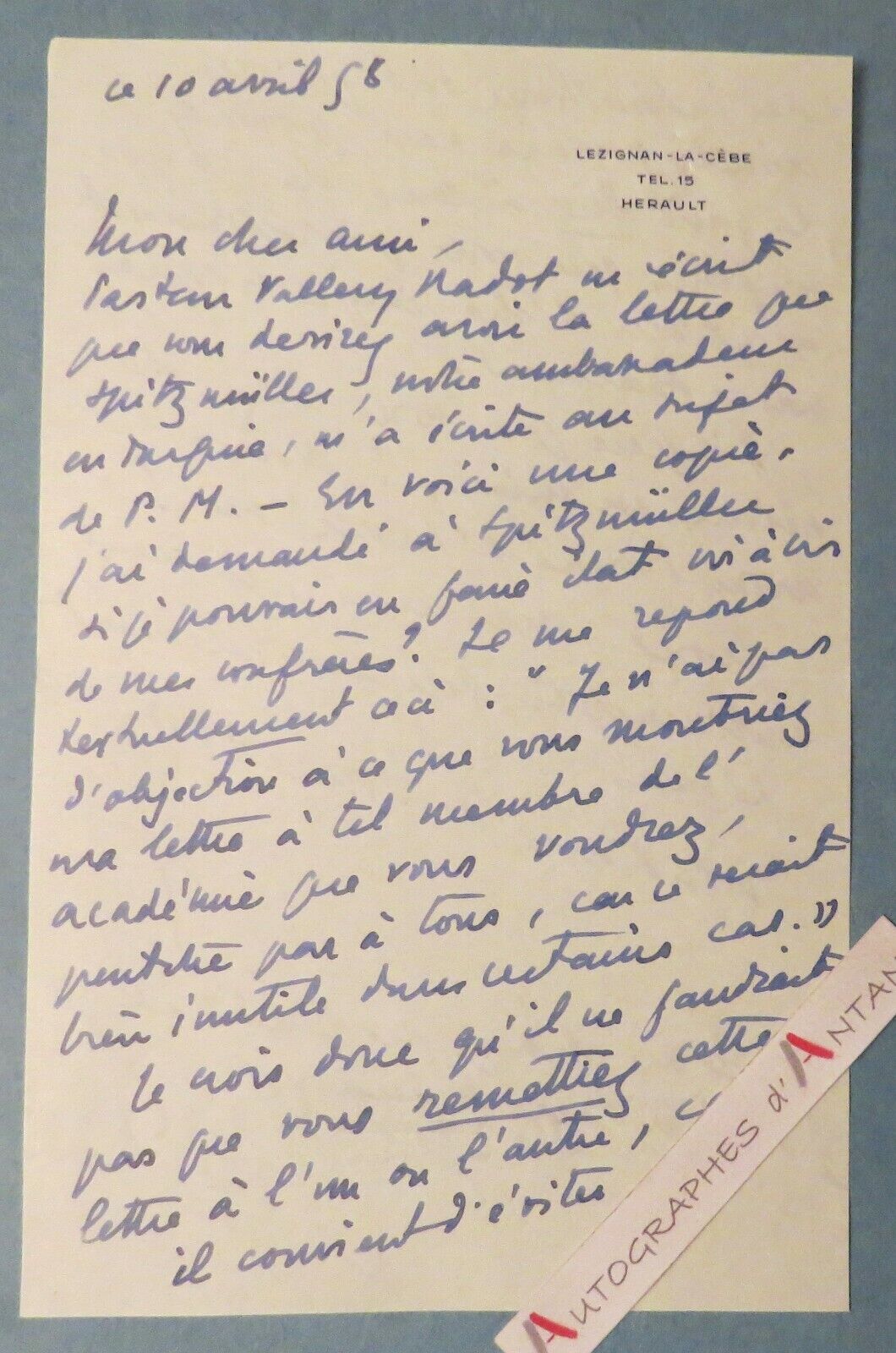 ●L.A.S Wladimir d\'ORMESSON Lézignan la Cèbe Pasteur Vallery Radot Turkey letter