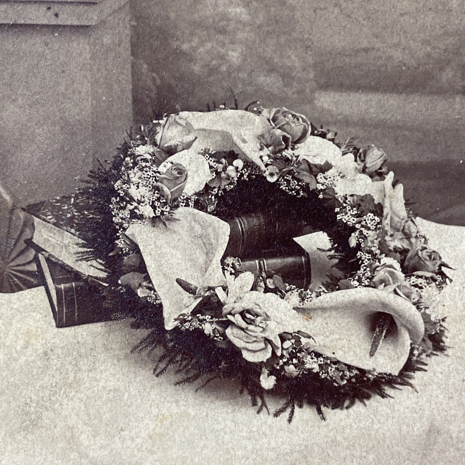 Antique 1870s Funeral Wreath For Judge Chardon Ohio Stereoview Photo Card V3339