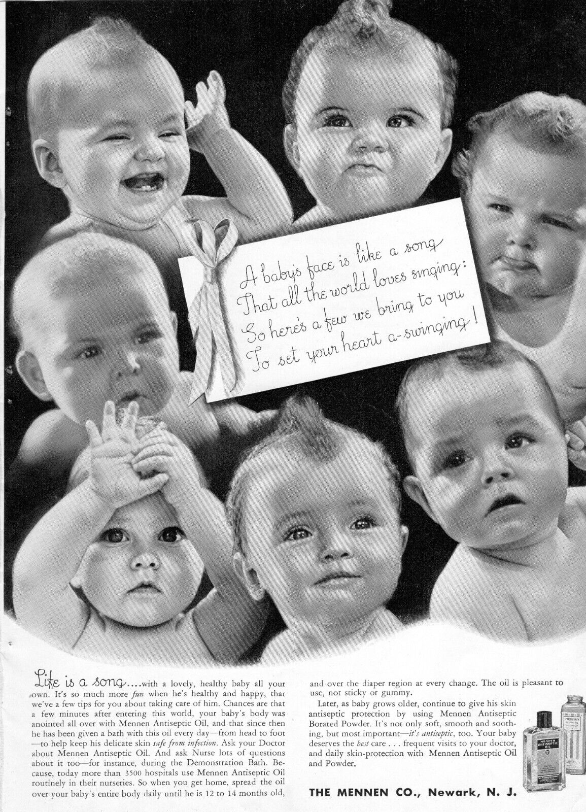 Vintage 1938  MENNEN CO.  Baby Oil  Print Ad      7 cute  baby\'s making faces