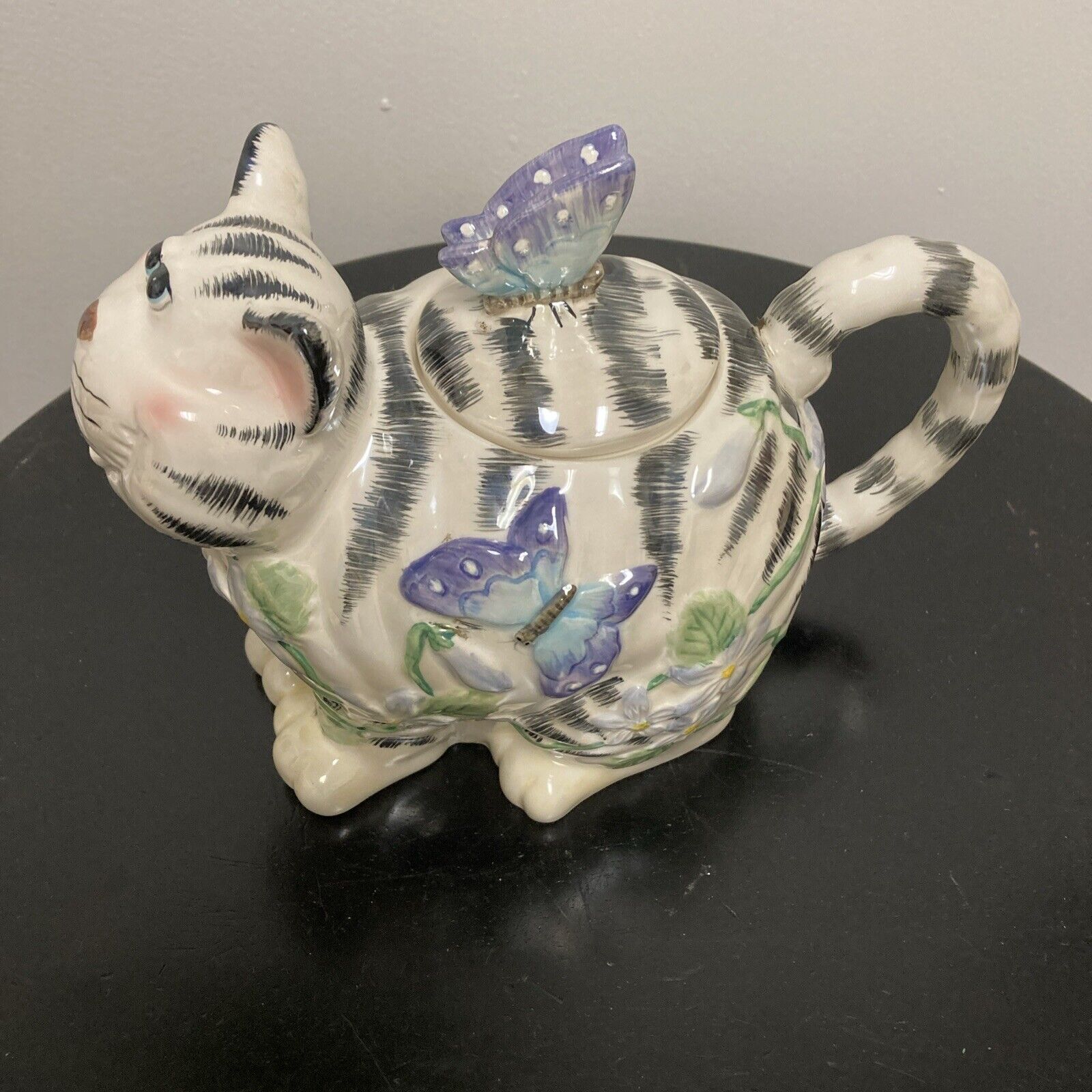 Ceramic Iridescent Cat Teapot Whimsical Striped Butterfly Flowers Decor