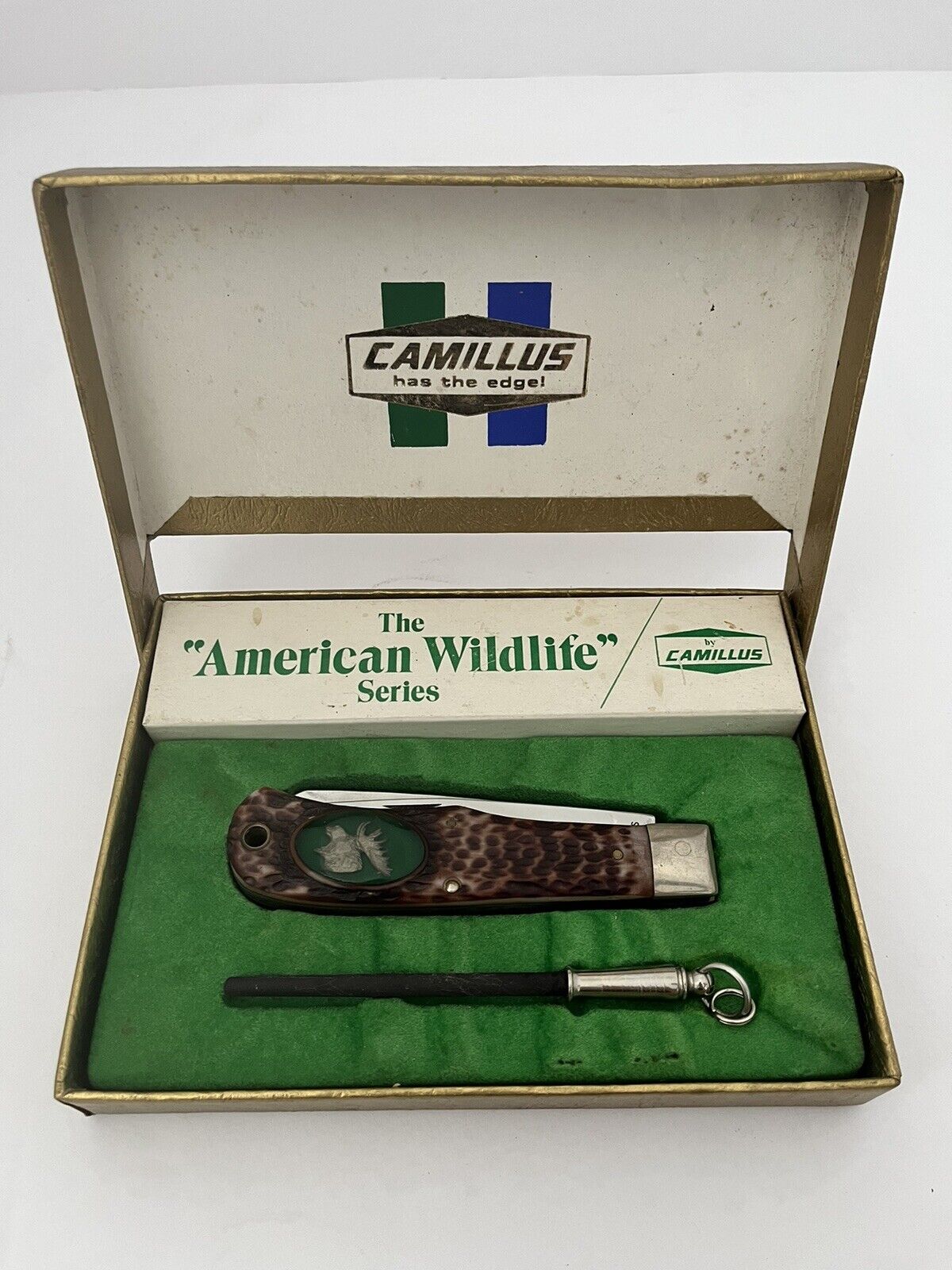 Vintage Camillus 10F American Wildlife Series Bull Moose  Knife.Box.Sharpener