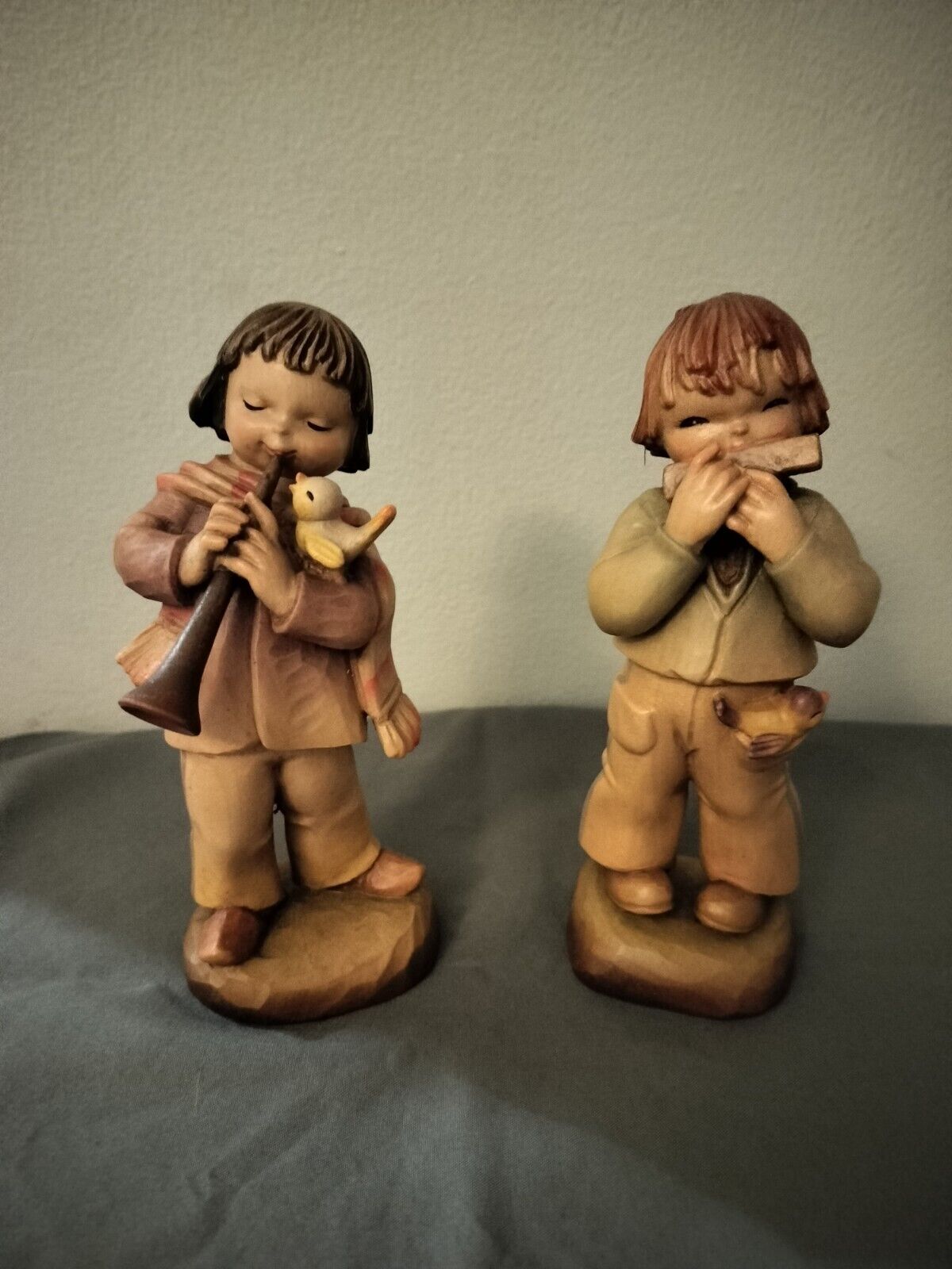 2 Anri Ferrandiz Italy Wood Carving Figurines Boy Playing Harmonica & Bagpipes