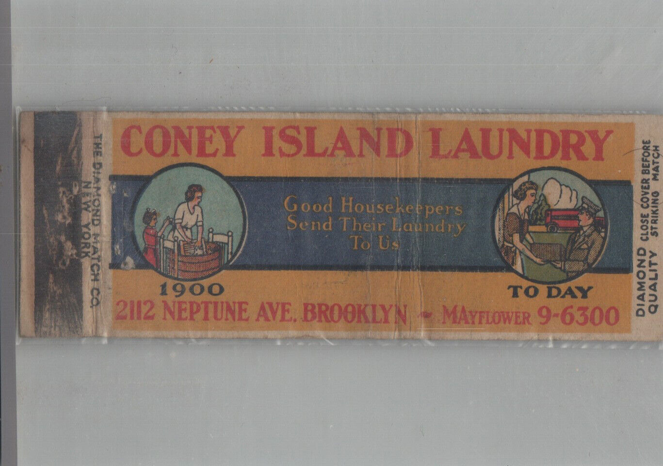1930s Matchbook Cover Diamond Quality Coney Island Laundry Brooklyn NY Full Leng