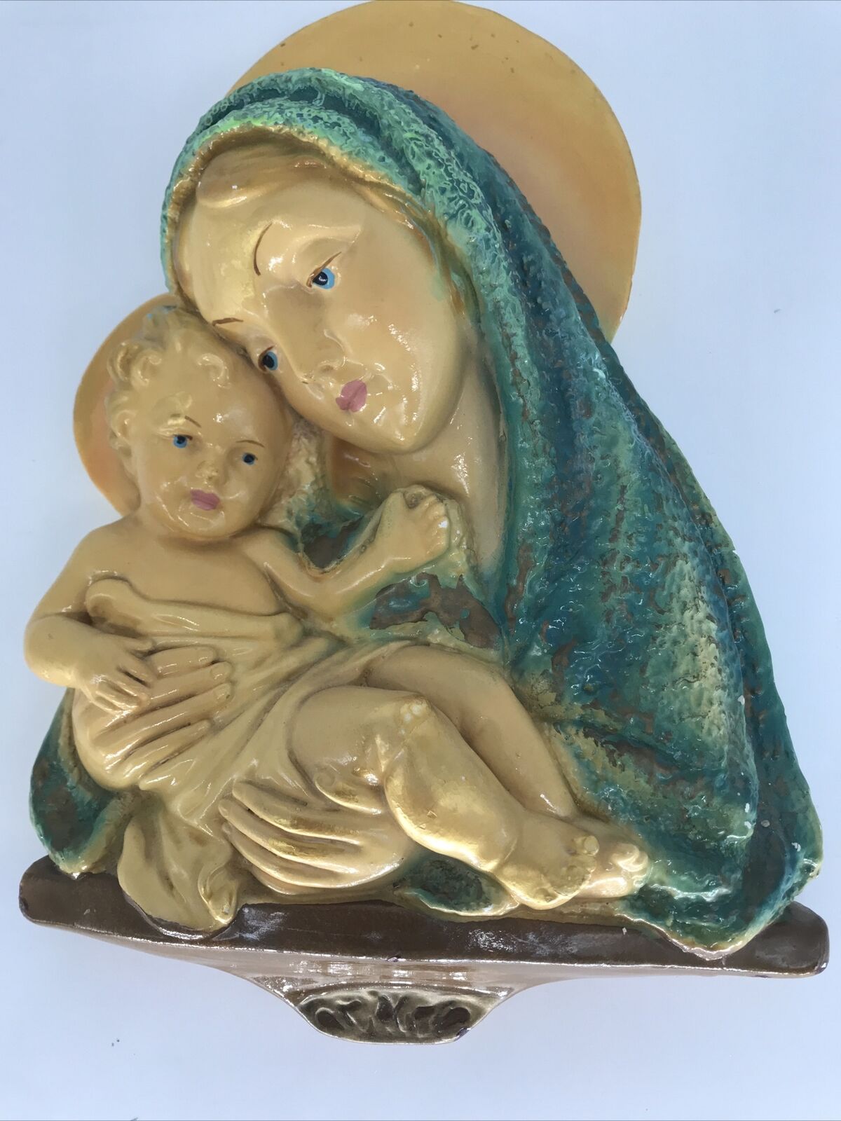vintage chaulkware 13 X9  madonna and child wall mount religious decor