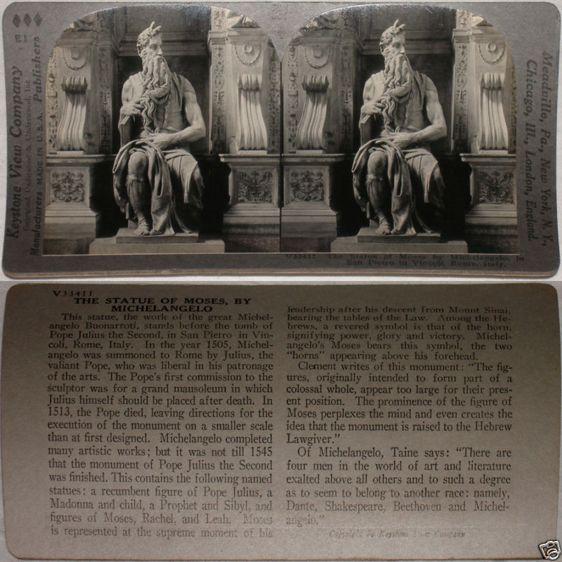 Keystone Stereoview of Moses by Michaelangelo Rome, Italy From 600/1200 Set #557