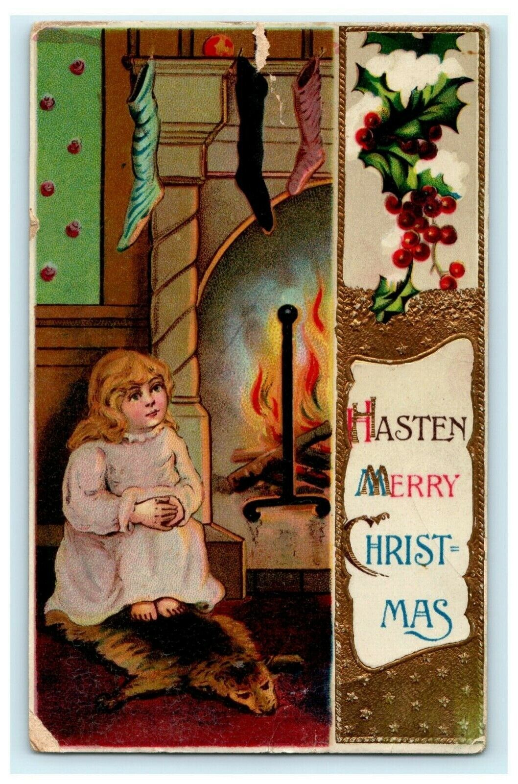 Christmas Child Girl Germany Toys 1913 Stars Gold Vintage Antique Postcard