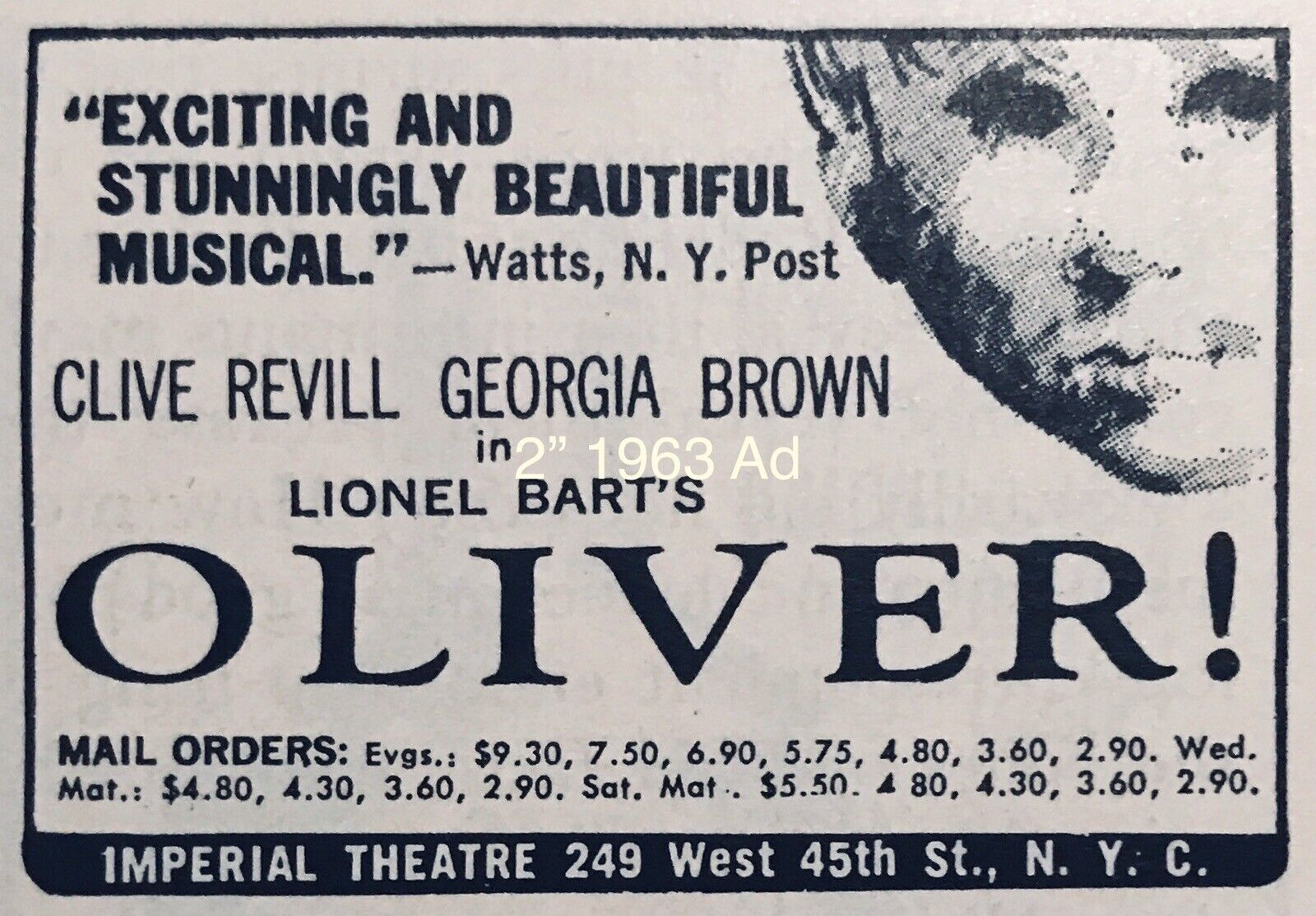 2” AD Oliver The Musical On Broadway VINTAGE 1963 Clive Revill Georgia Brown