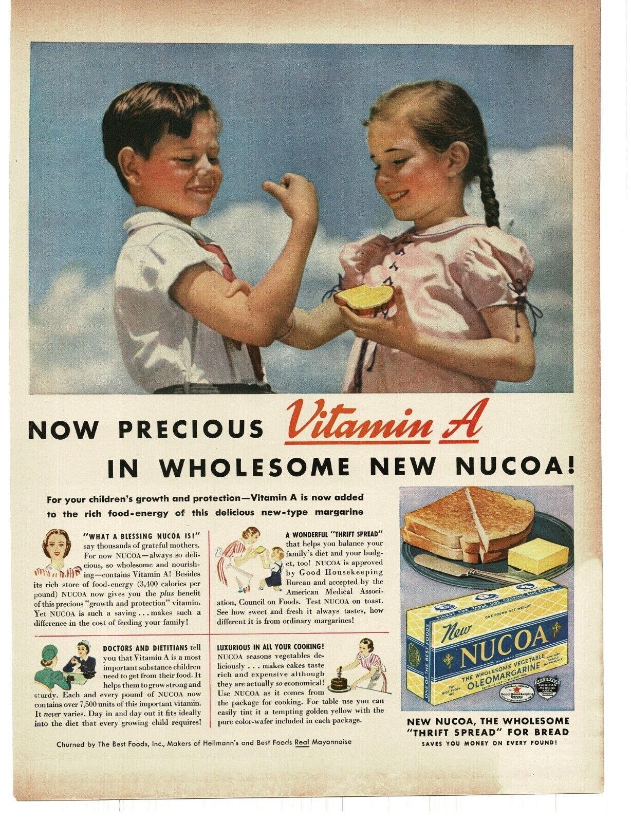 1937 Nucoa Oleomargarine little girl feels little boy muscles Vintage Print Ad 2