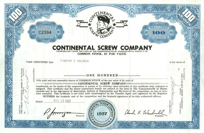 Continental Screw Co. - Stock Certificate - General Stocks