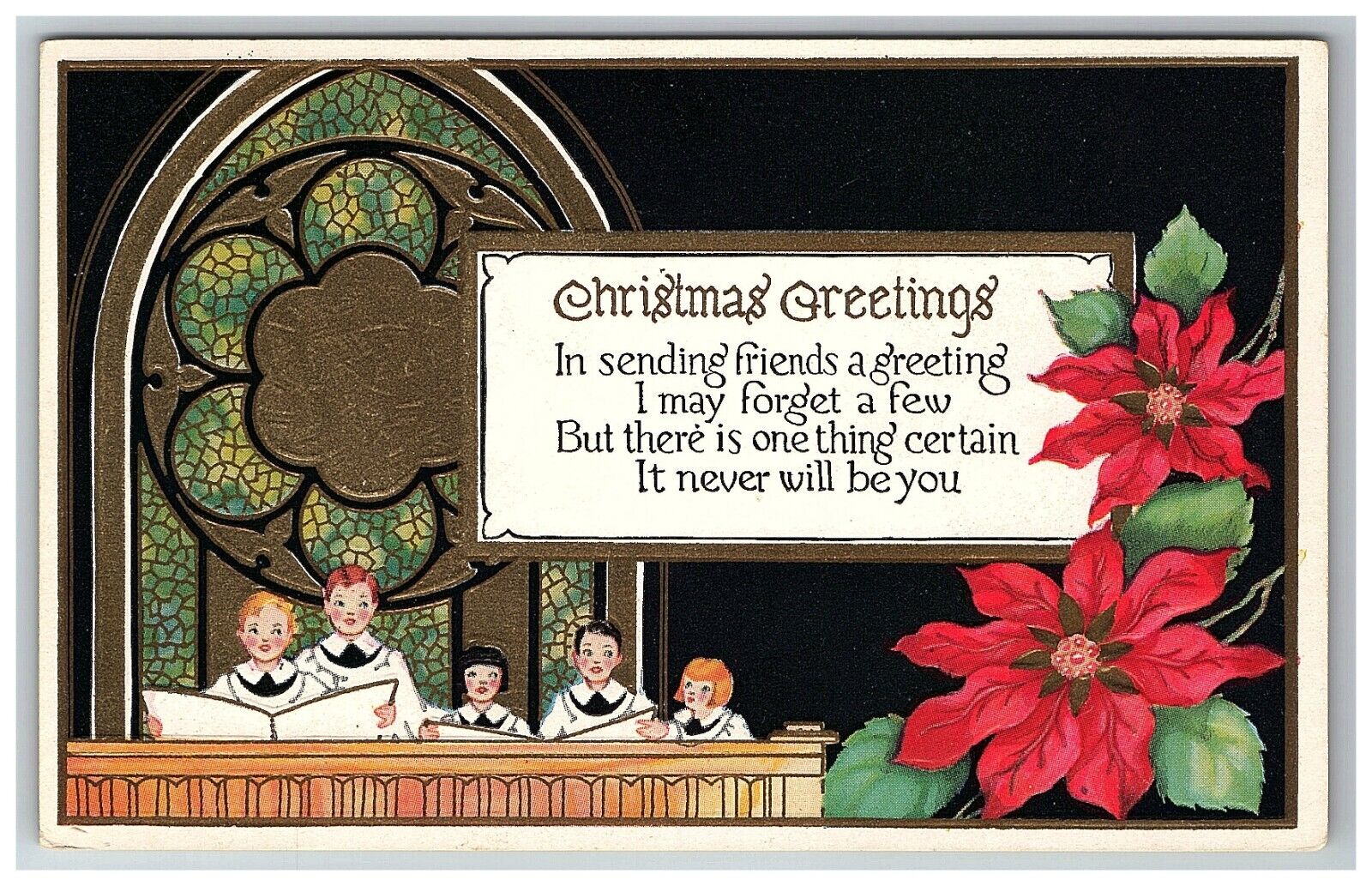 1907-15 Christmas Postcard Poinsettias Greetings Singing Children Gold Foil Art