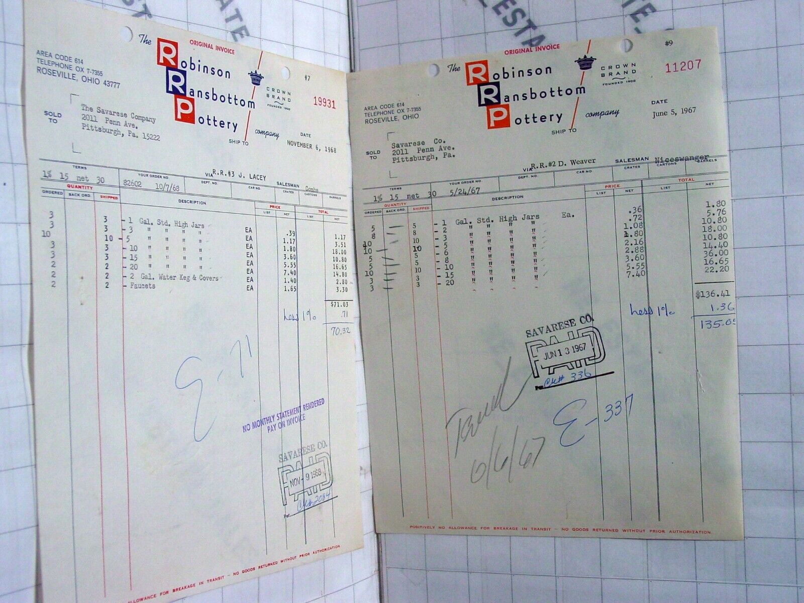 2x vtg Robinson Ransbottom Pottery original receipts 1967 Roseville Ohio paper