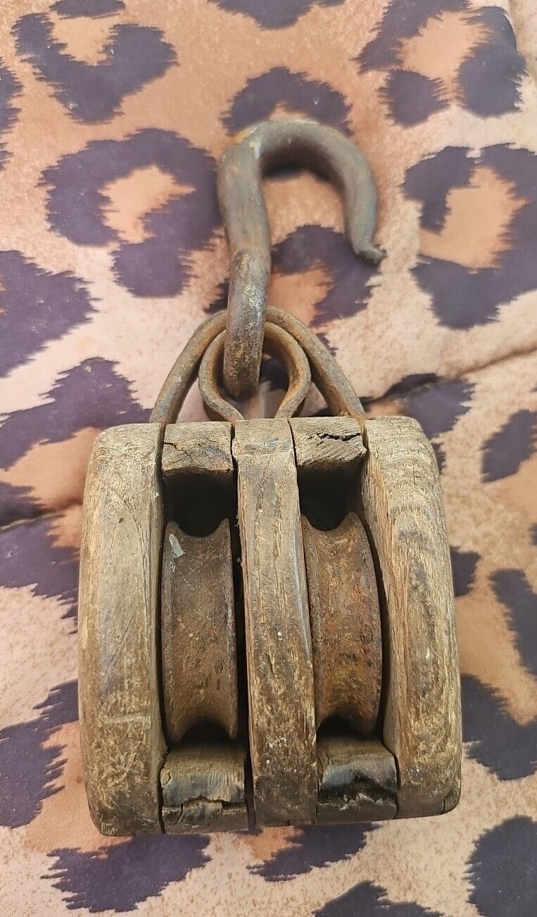 Vintage Wooden DOUBLE PULLEY BLOCK & TACKLE