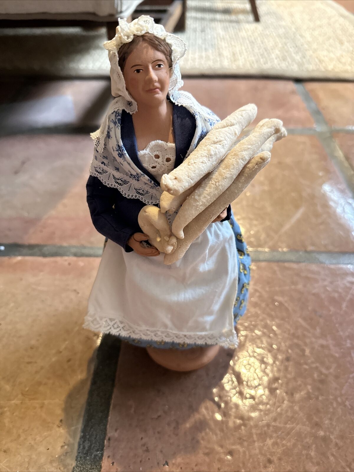 French Santon De Provence Figure Folk Art Woman Holding Bread Baguette  11” Tall