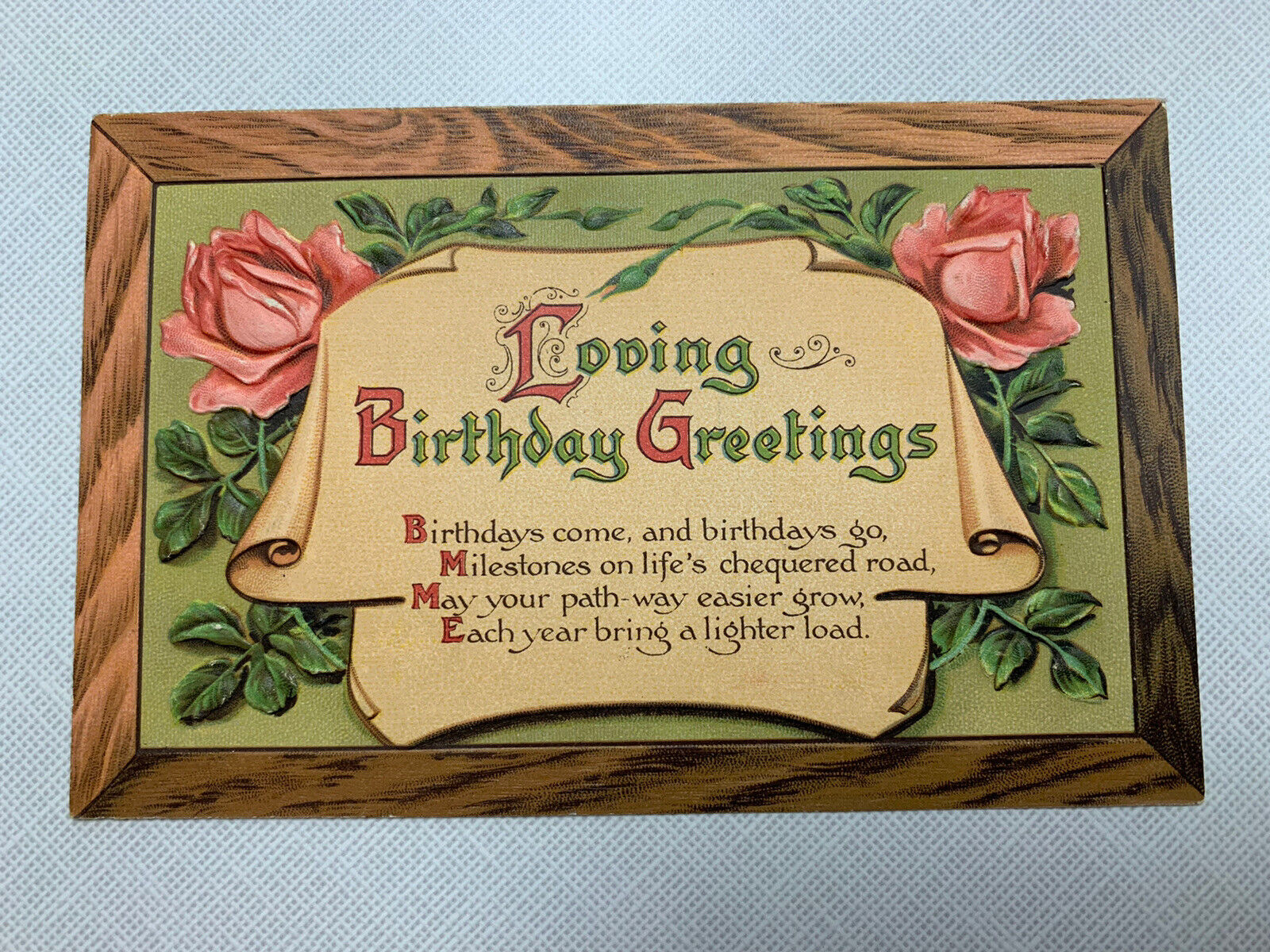 Birthday Greetings with Roses Vintage Embossed Postcard