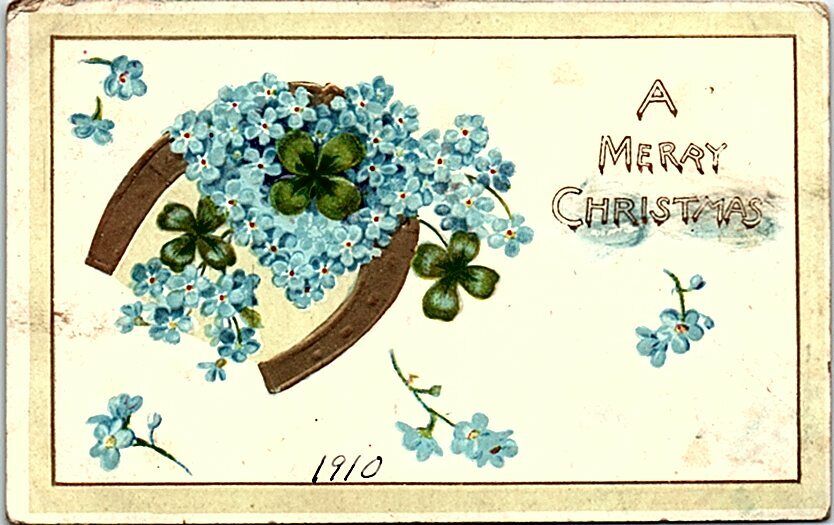 c1900s Christmas Postcard Horseshoe Shamrock Blue Flowers Color Posted Stamp