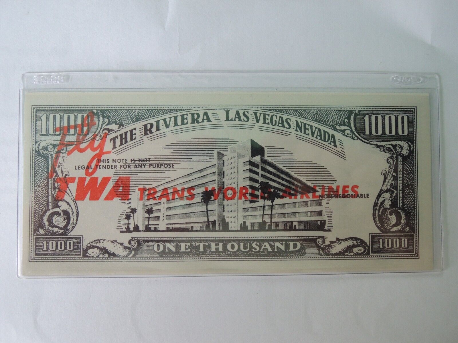 1954 Las Vegas Loot 1000 Dollar Bill. The Riviera Casino. Advertising for TWA.