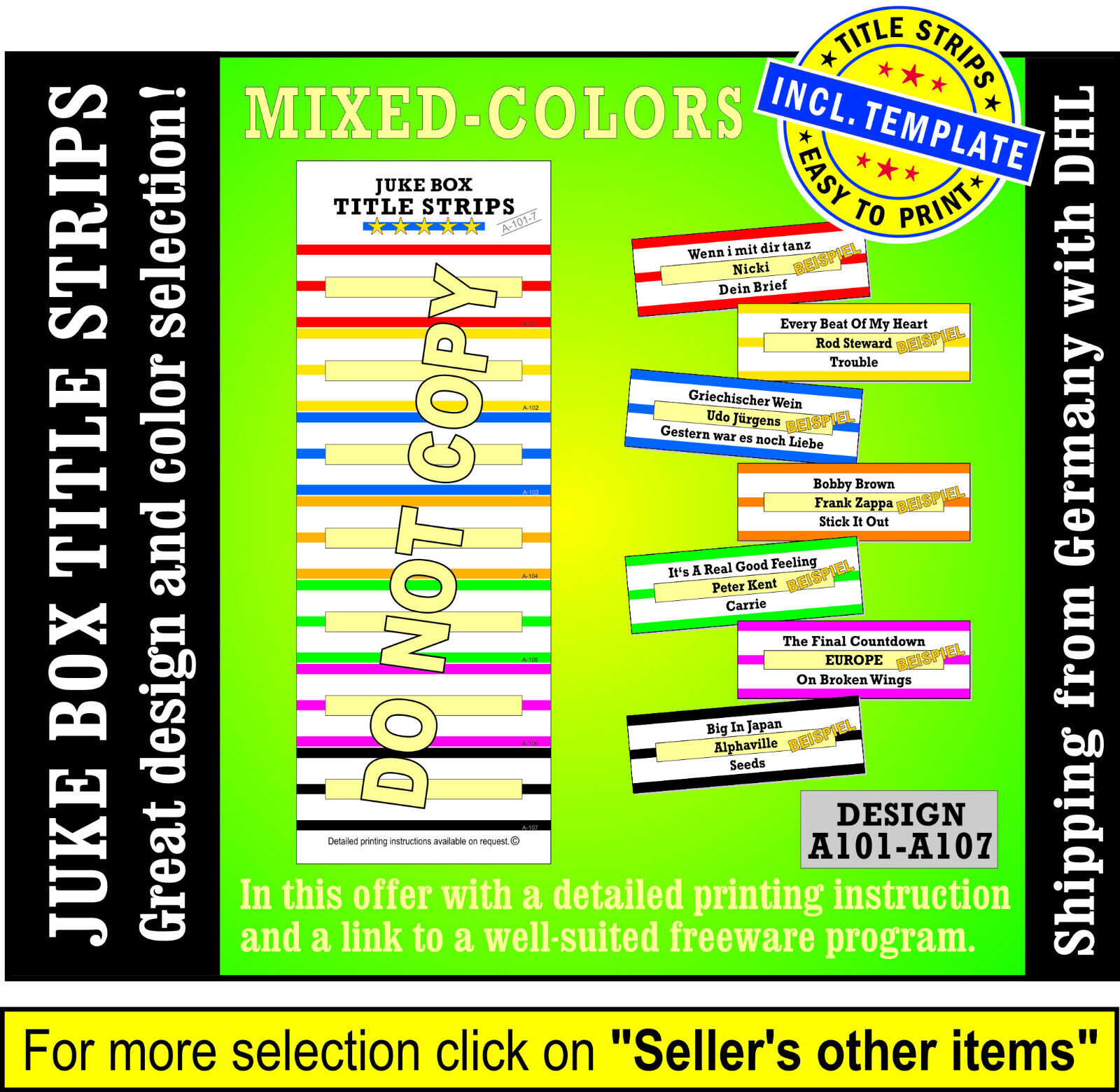 ⭐⭐⭐ 500 Jukebox Title Strips MIXED-COLORS = 72 blank sheeds incl. Print.Template