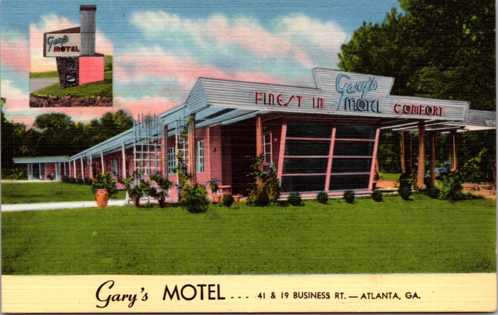 Linen Postcard Gary\'s Motel 41 and 19 Business Rt in Atlanta, Georgia