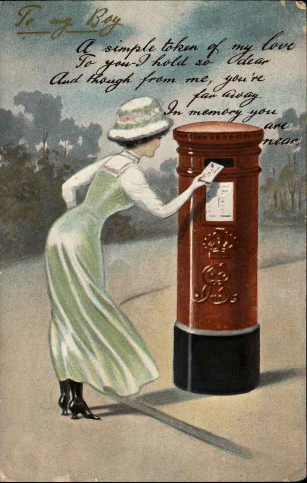 Fancy Woman Mailing Letter Old Mailbox c1910 Vintage Gel Postcard
