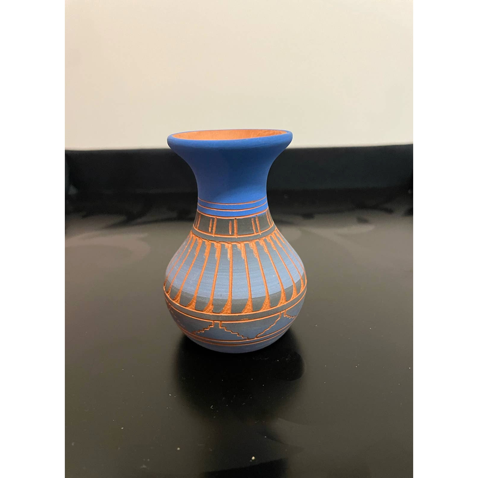 Miniature Navajo Etched Blue & Terracotta Clay Pottery Vase