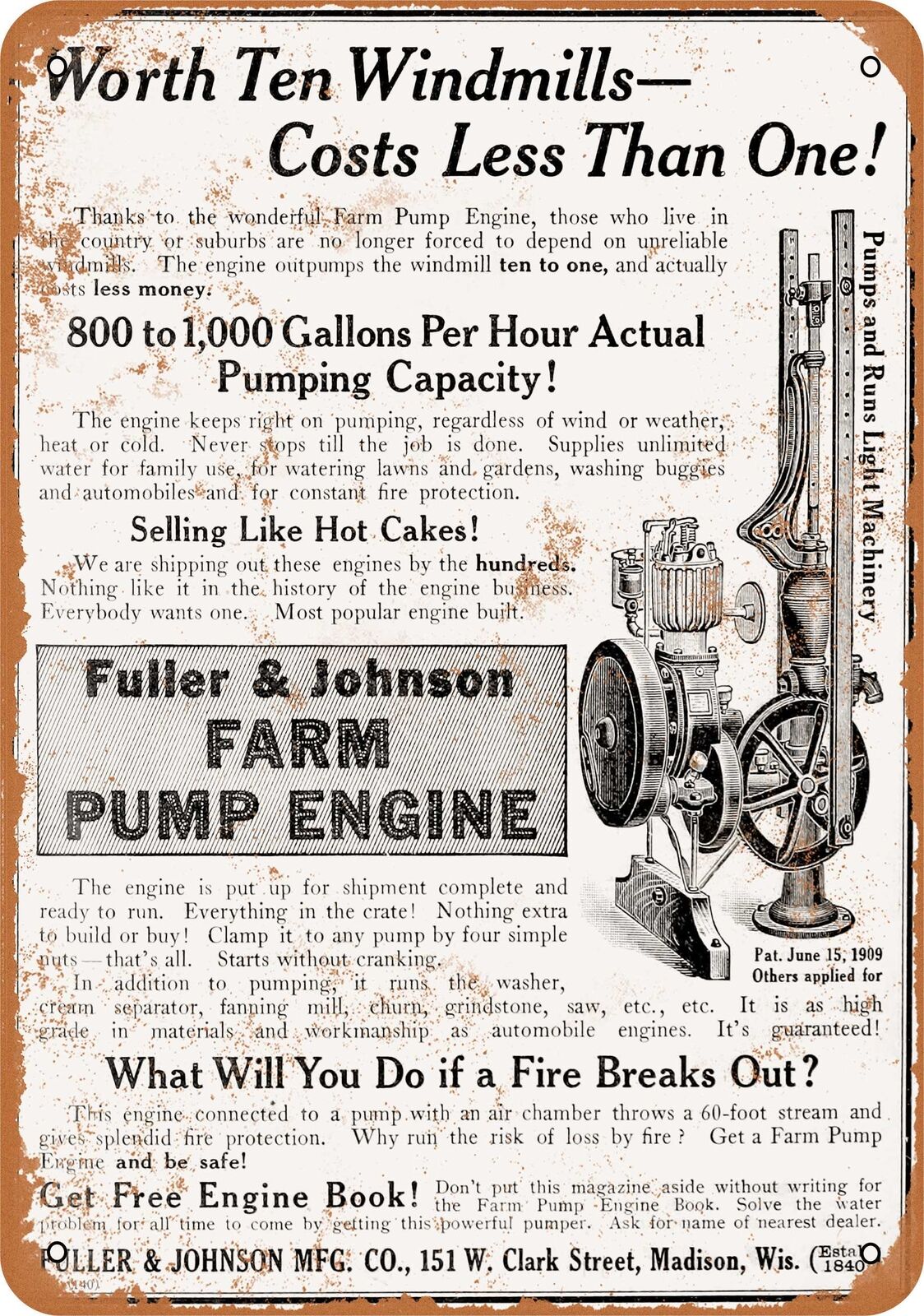 Metal Sign - 1910 Fuller & Johnson Farm Pump Engine - Vintage Look Reproduction
