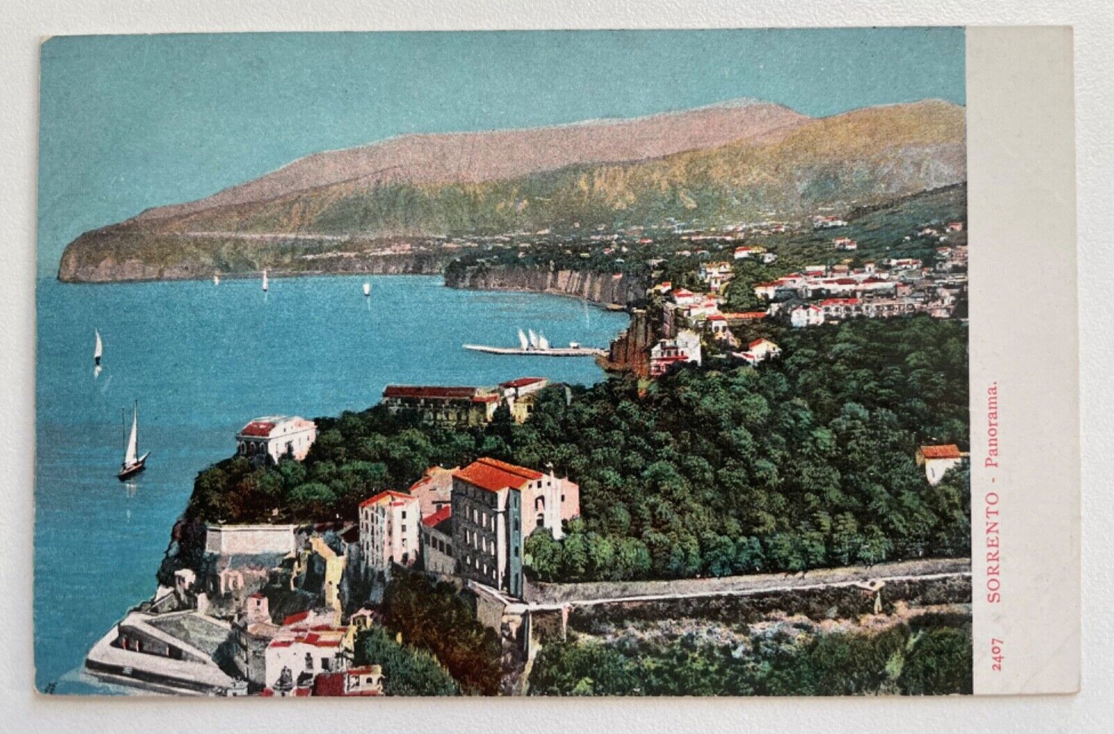 1930s Sorrento Italy Panorama Color Lithograph Postcard, aerial Bay of Naples