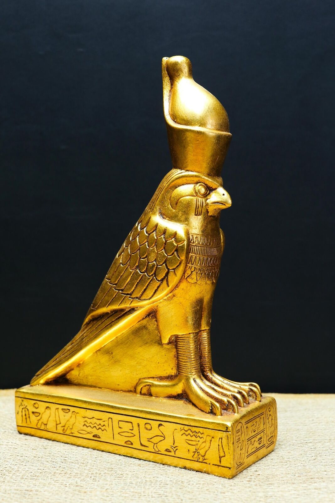 Golden large God Horus wearing double crown - Horus statue - Falcon Horus