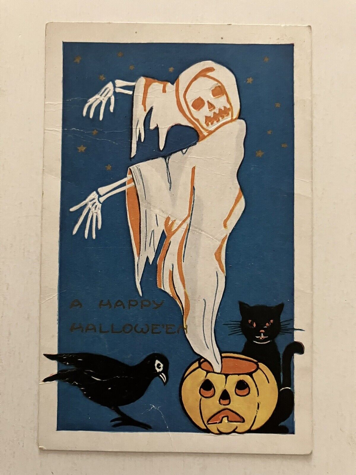 Whitney Halloween Black Cat, Crow, Skeleton Ghost, JOL Antique Postcard