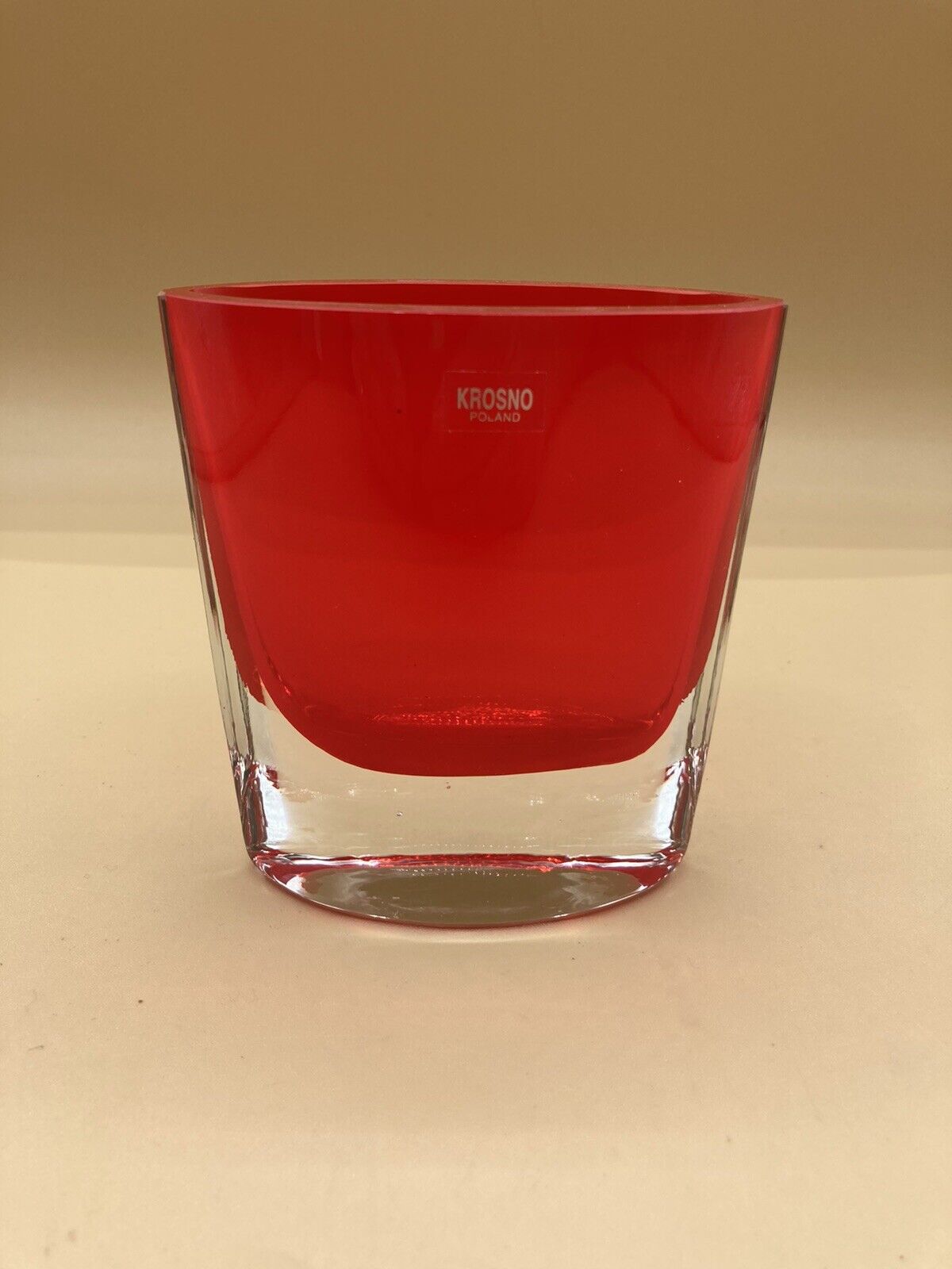 Vintage Krosno Glass Red Clear Oval Sommerso Small Vase 4.25” X 4”
